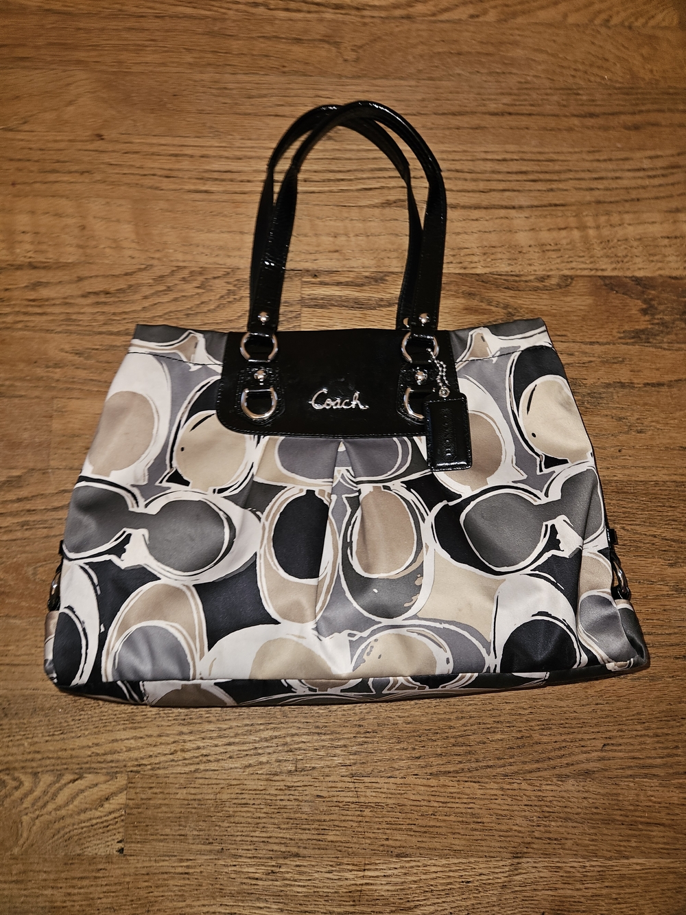 Coach Ashley Satin Signature C Print Purse in Black and Beige